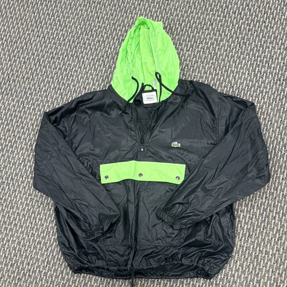 IZOD LACOSTE 80s VTG Men L Black Green Windbreaker Anorak Hood Rain 1/4 Zip